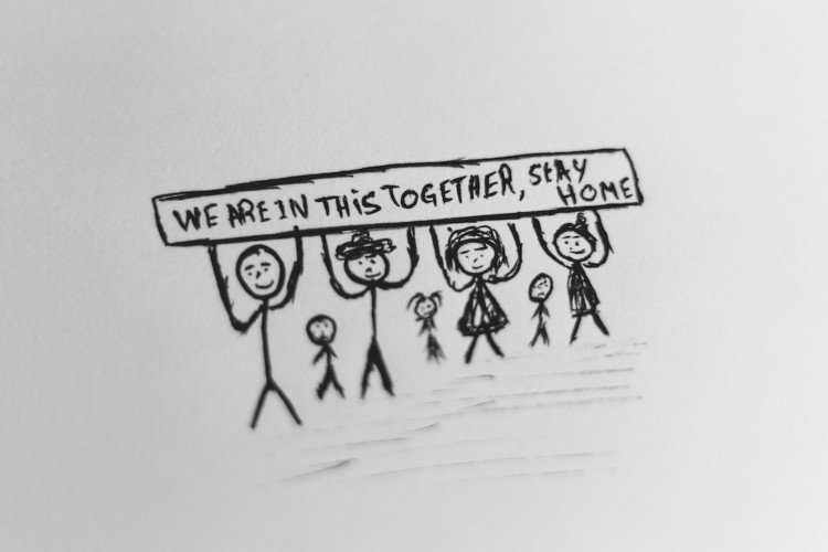 Dessin d'une famille en confinement au crayon